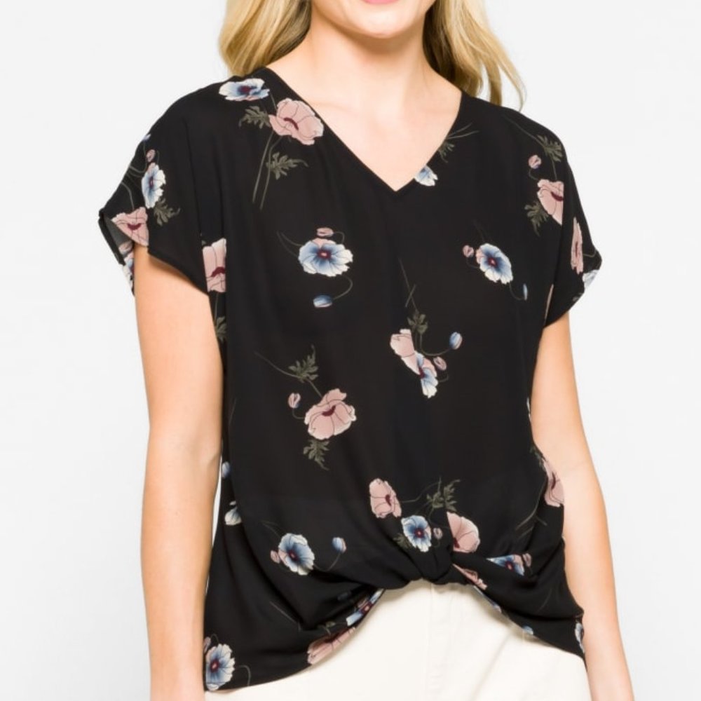 West Kei Allura Knot V-Neck Blouse, Size Small, Black with Floral